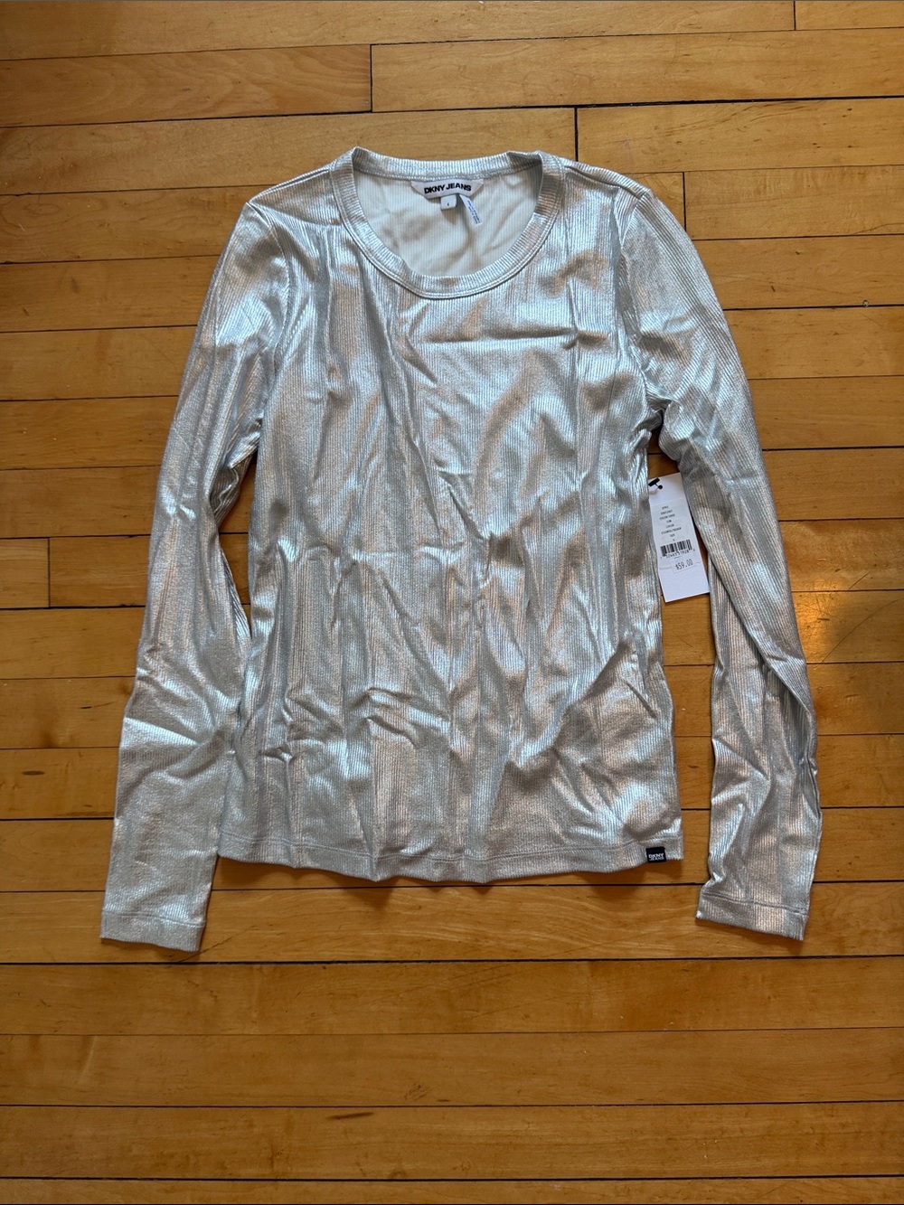 DKNY Silver Metallic Long Sleeve Crewneck
